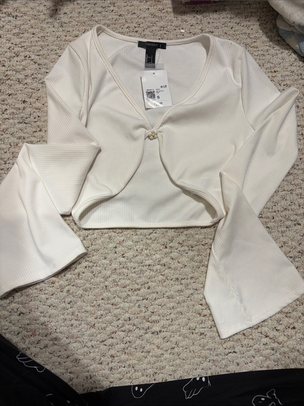 Forever 21 White Ribbed Cropped Front-Tie Bell Sleeve Top